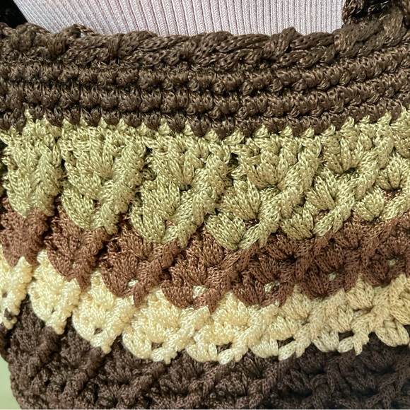 Scalloped BOHO Bohemian Shoulder Purse Bag Brown Cream Woven Neutrals - Picture 8 of 11